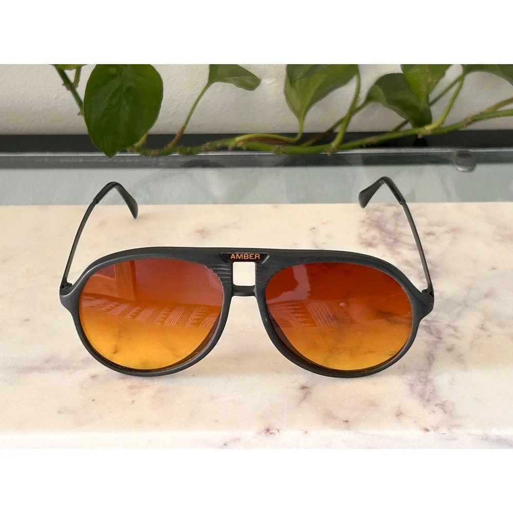 Vintage Ambervision Aviator Sunglasses Matte Black Frame Amber Lenses Taiwan